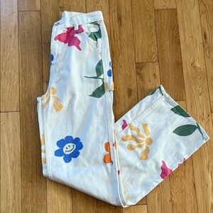 PacSun White High Rise Carpenter Jeans Vibrant Happy Flower Patterns Hammer Loop